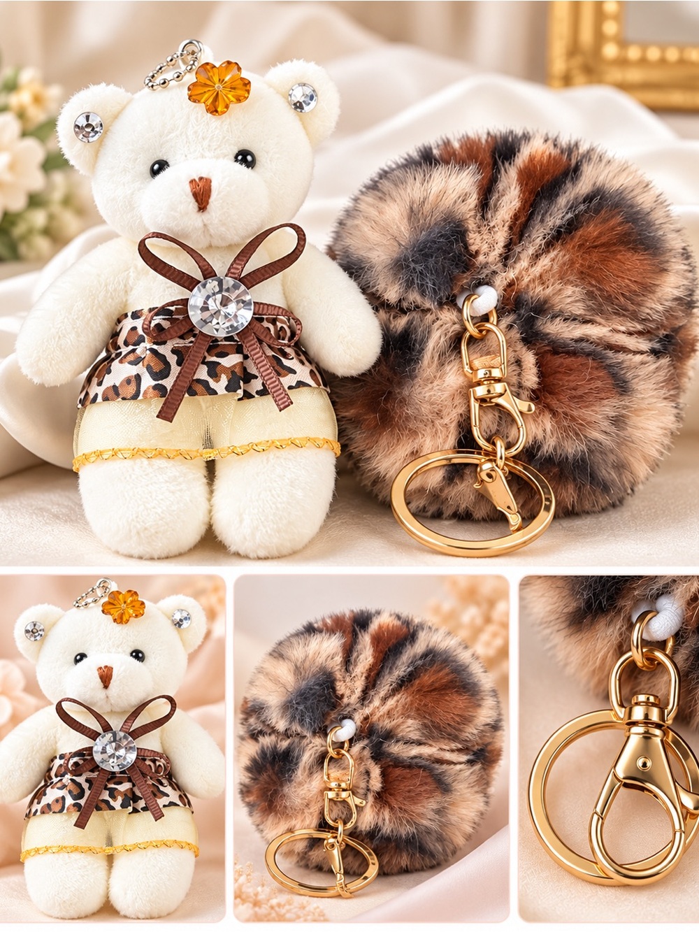 Cute Teddy Bear & Leopard Faux Fur Pom-Pom Bag Charms – Set of 2